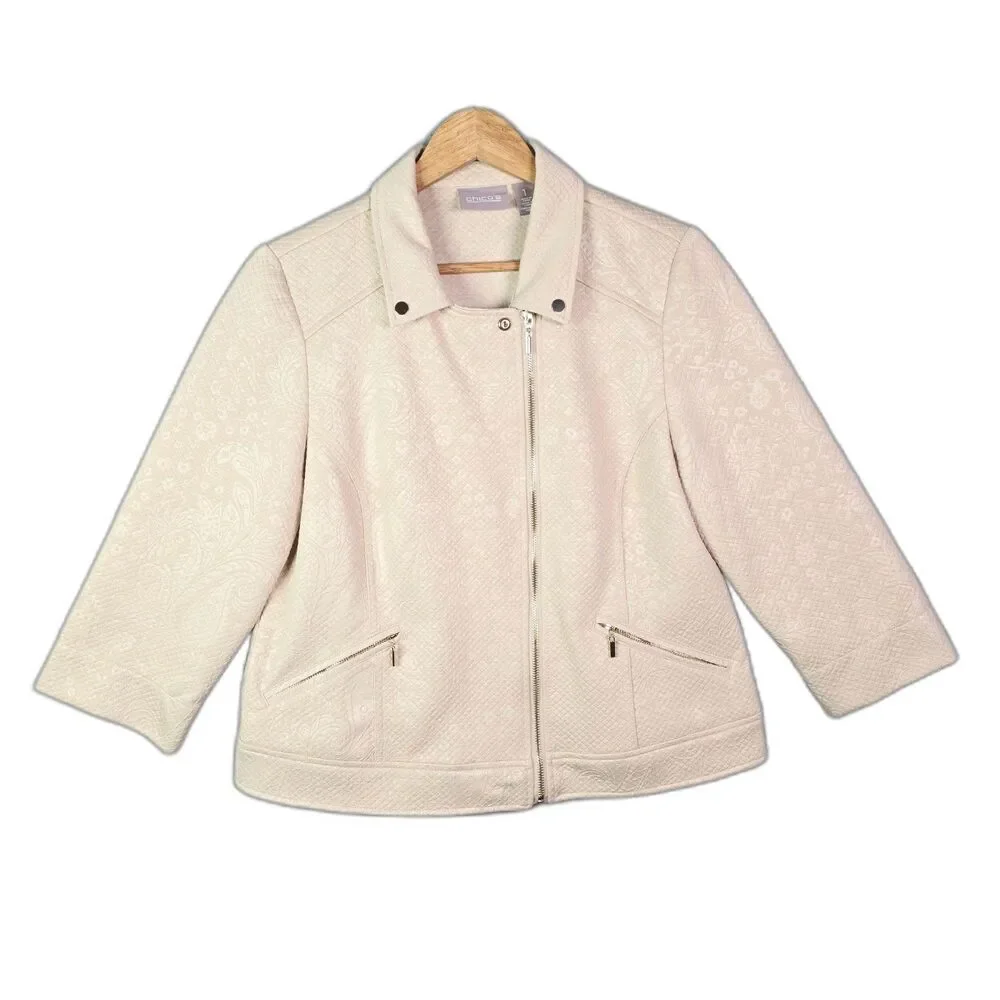 Chicos Moto Jacket Cream 1 Textured Asym Zip 34 Sleeve Minimalist